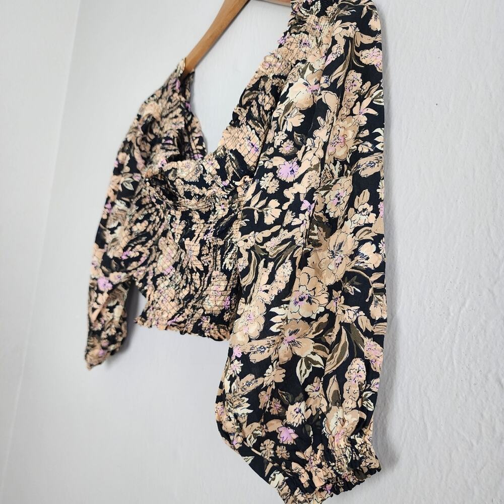 Free People East To West Smocked Off Shoulder Top Black Gold Floral Blouse M FP - Picture 12 of 14